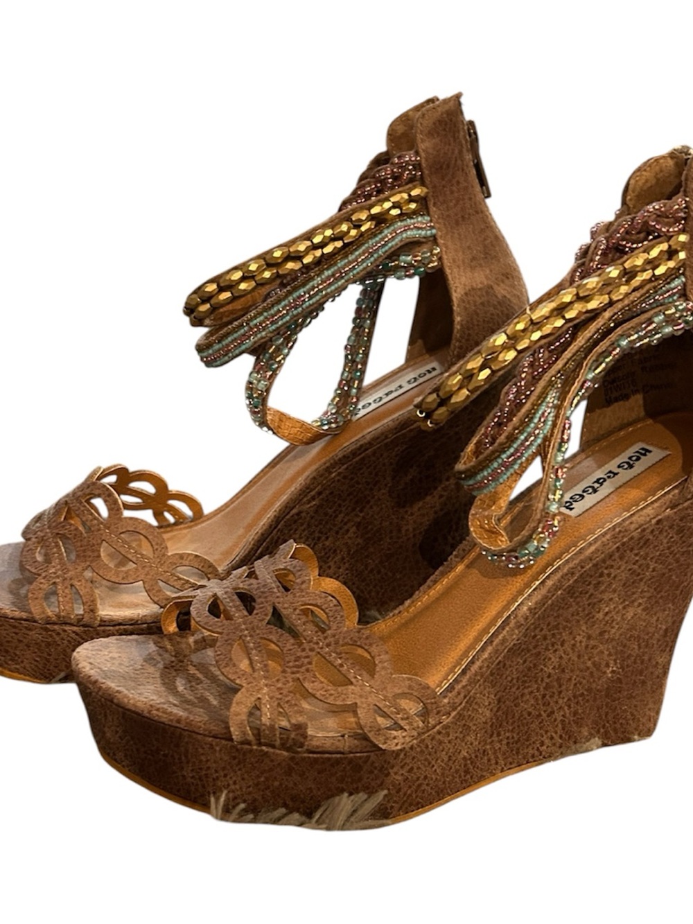 Steve Madden Tan Brown Suede Wedge Sandals with Beaded Fringe